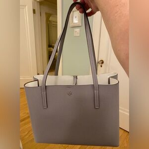 Tory Burch grey pebble leather tote bag- next. Clasp closure. Middle zipped area